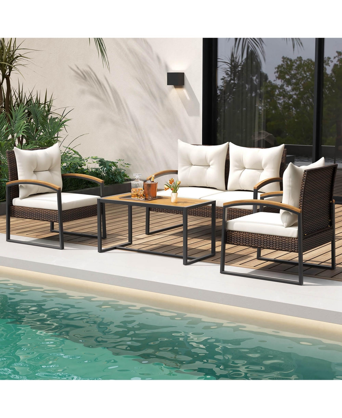 Costway 4 Pcs Patio Conversation Set with Coffee Table Solid Acacia Wood Armrests Tabletop