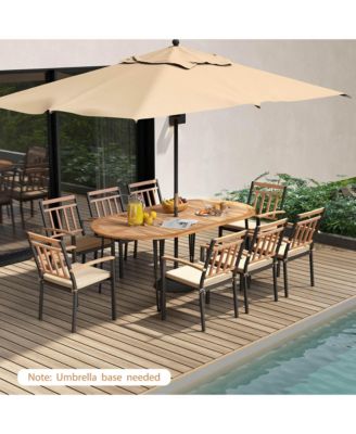 9 Pieces Outdoor Dining Set with Acacia Wood Top & Umbrella Hole Metal Frame
