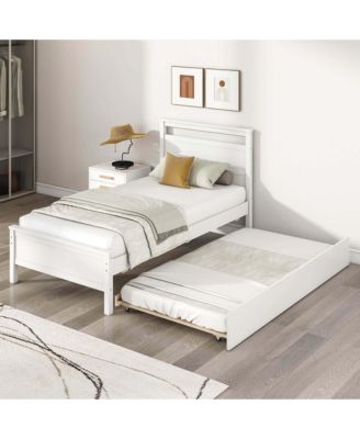 Twin Size Platform Bed with Trundle Pull-out Trundle Headboard & Footboard