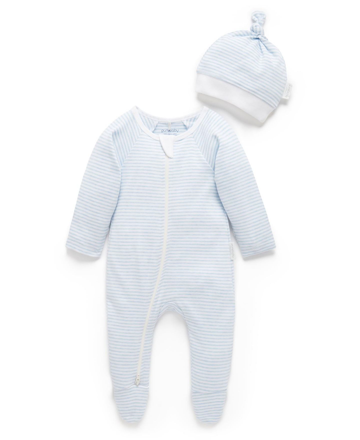 Комплекты Purebaby Zip Coverall & Hat Set для мальчиков-малышей, цвет: Синий меланжевый полосатый — фото 1