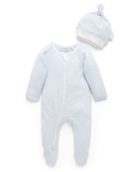 Комплекты Purebaby Zip Coverall & Hat Set для мальчиков-малышей, цвет: Синий меланжевый полосатый