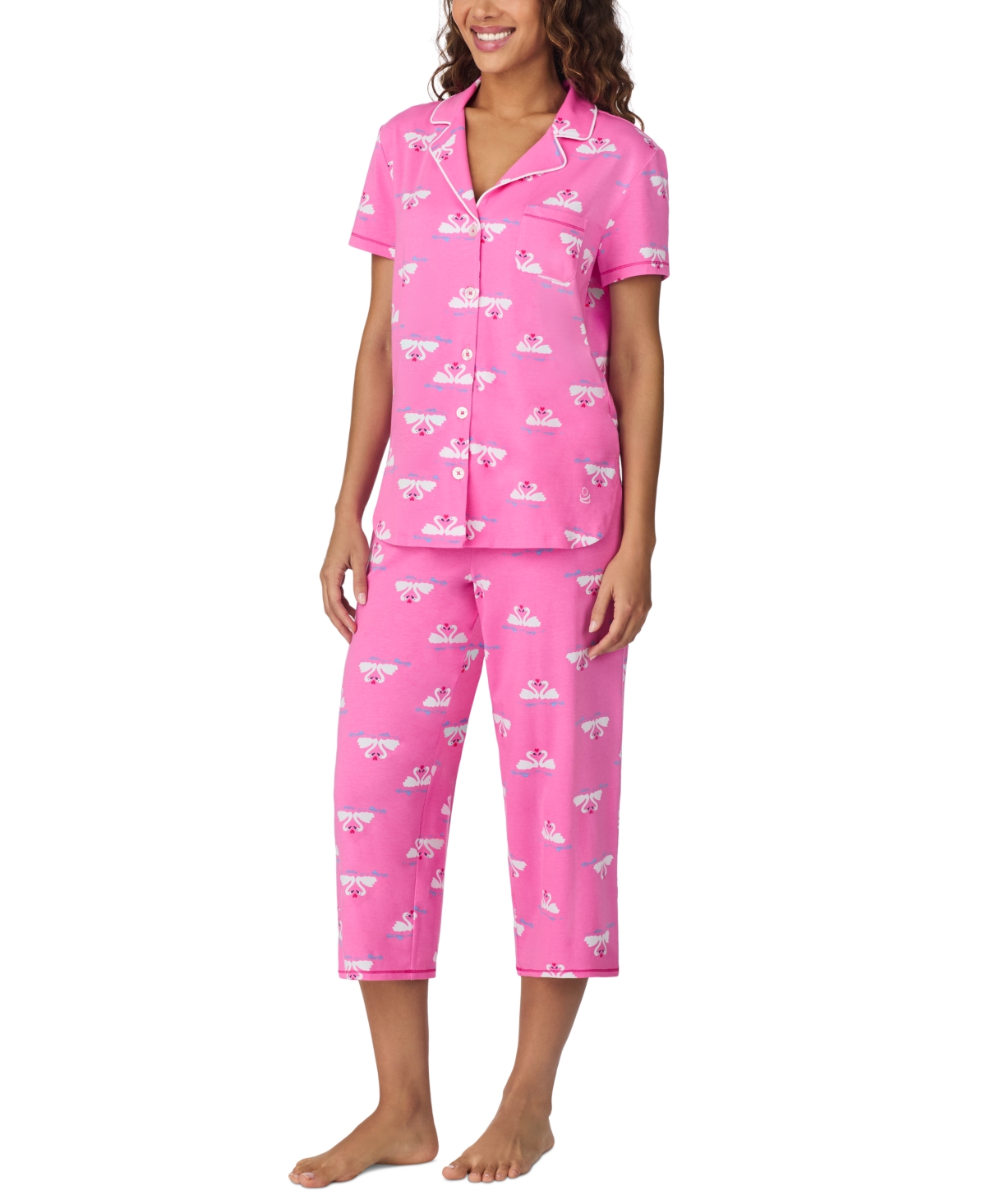 Shop Cuddl Duds Women's Cropped Short-sleeve Pajama Set In Pink Print