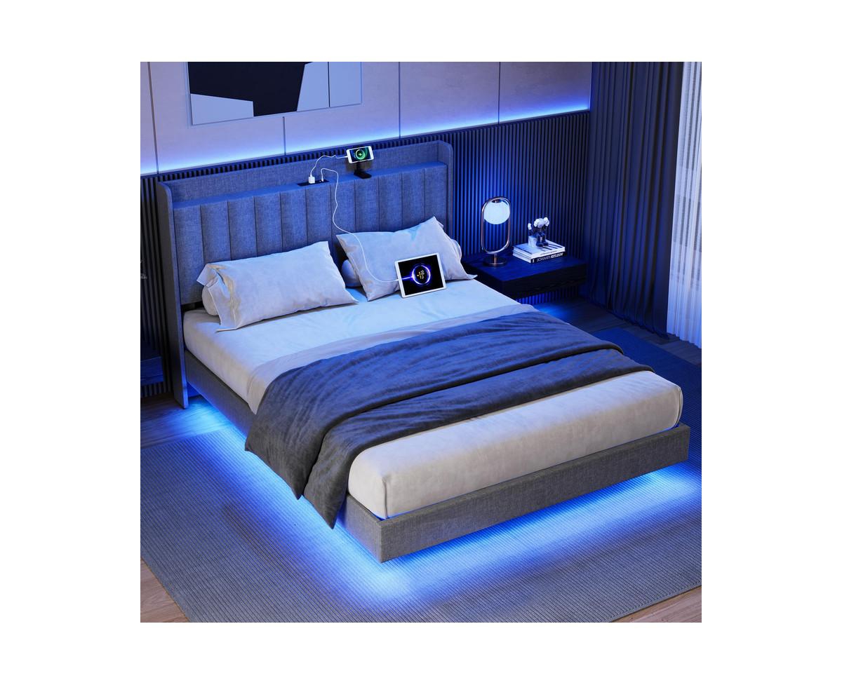 gaomon Size Floating Bed Frame with Led Lights, Upholstered Platform Full Bed Frame with Charging Station, No Box Spring Needed,Gray
