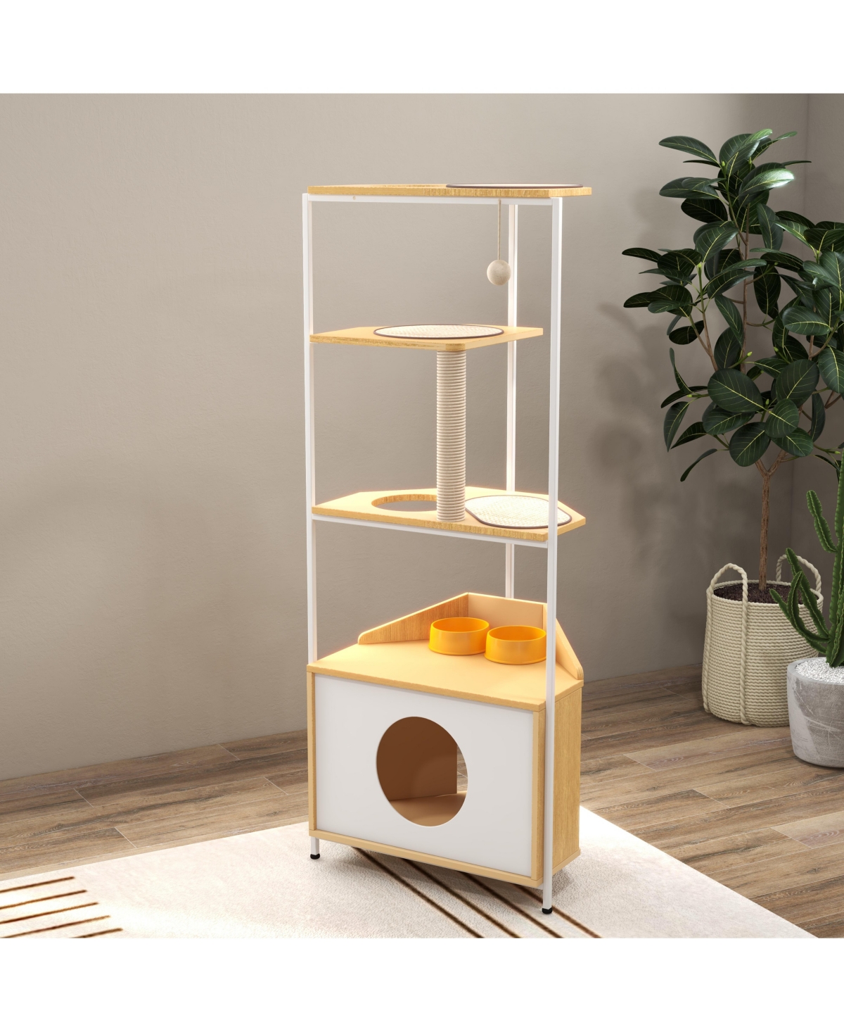 Slickblue Corner Cat Tower, Cat Tree with Scratching Post, Cat Condo with Feeding Station and Climbing Platforms, Pet Furniture for Indoor Cats - Whit