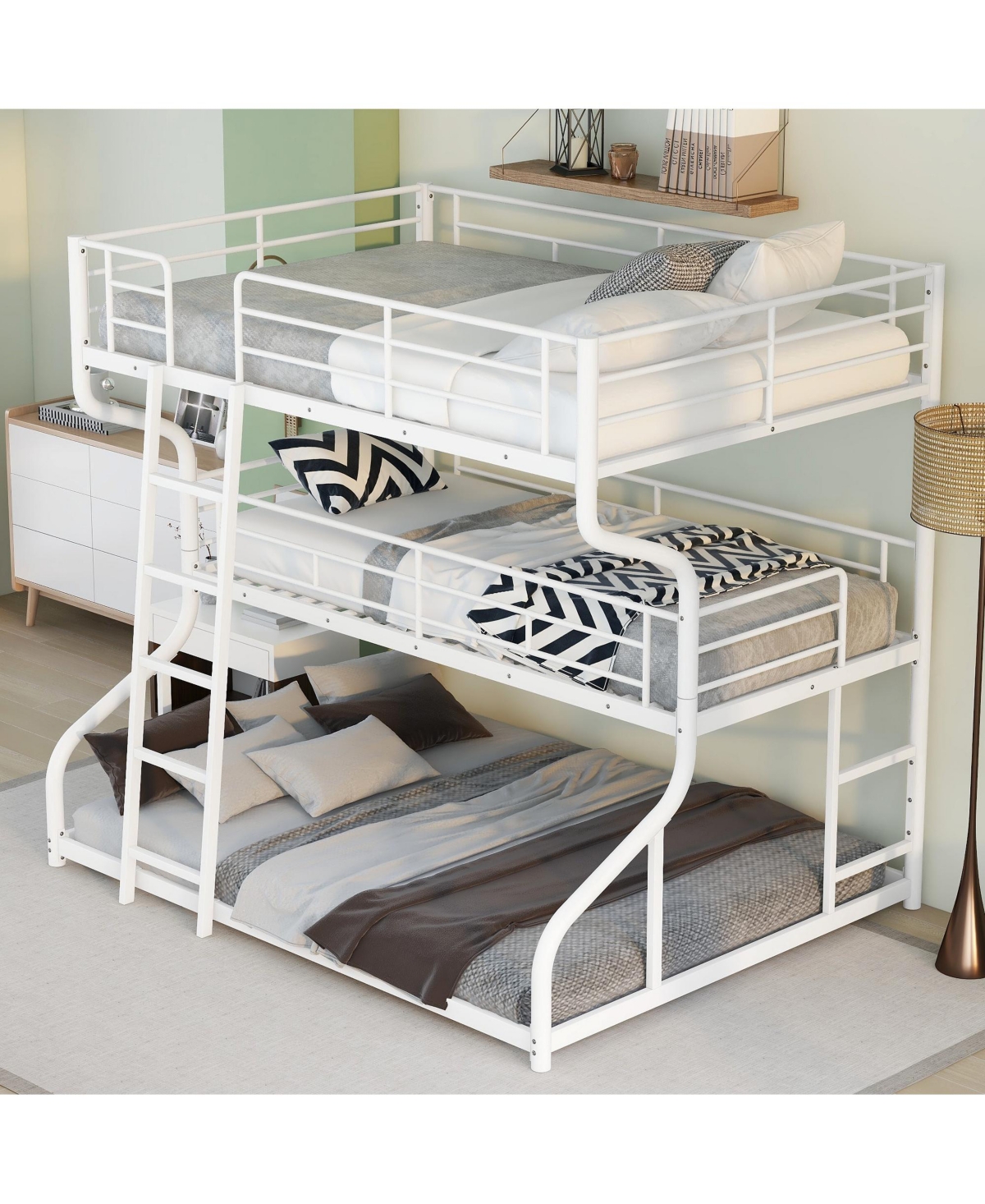 Slickblue Space-Saving Triple Bunk Bed with Full Xl, Twin Xl, Queen - Includes Long & Short Ladder