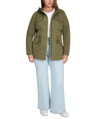 Plus Size Cotton Hooded Military Zip-Front Jacket 