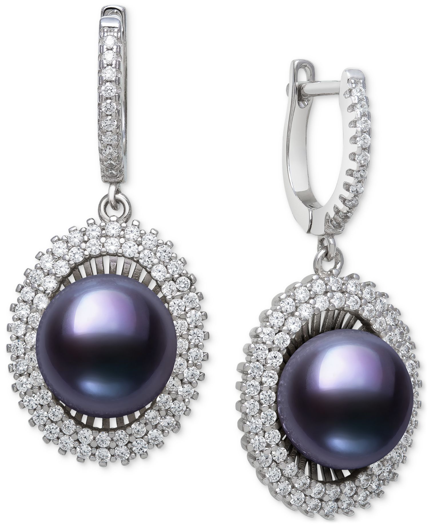 Peacock Black Cultured Freshwater Pearl & Cubic Zirconia Halo Drop Earrings in Sterling Silver (Also in White Cultured Freshwater Pearl)