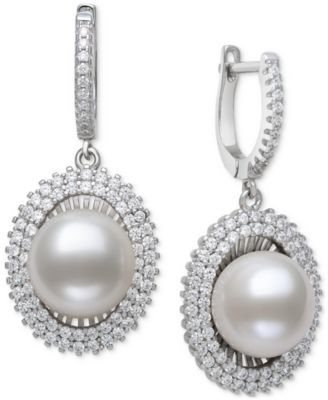 Belle de Mer Peacock Black Cultured Freshwater Pearl (10mm) & Cubic Zirconia Halo Drop Earrings in Sterling Silver (Also in White Cultured Freshwater