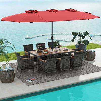 10 Pieces Patio Wicker Dining Set with Double-Sided Patio Umbrella 8 Armchairs