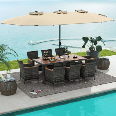 10 Pieces Patio Wicker Dining Set with Double-Sided Patio Umbrella 8 Armchairs
