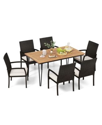 7 PCS Patio Dining Set with Acacia Wood Dining Table Rattan Armchairs Soft Cushions