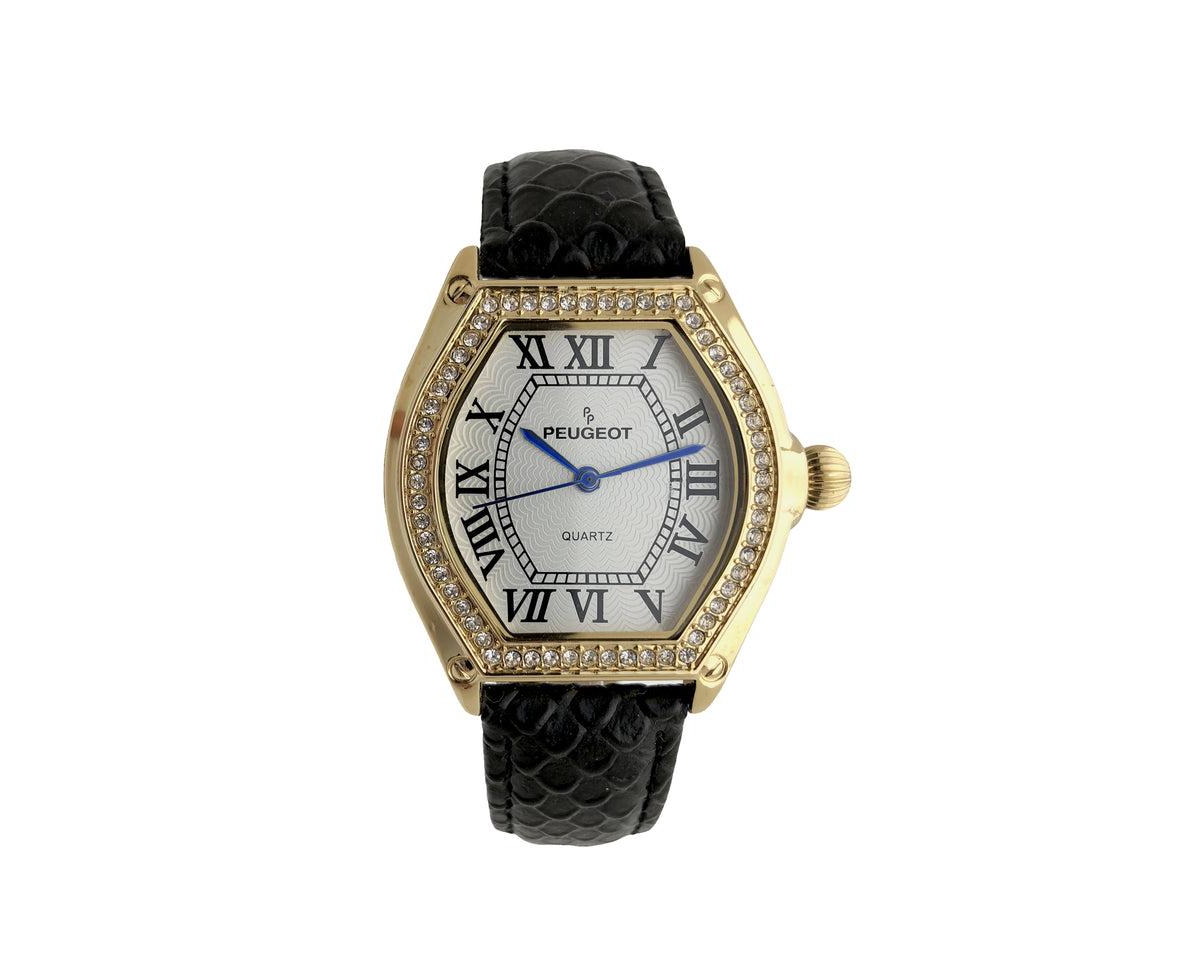 Women's 36mm Black Watch Barrel Shaped Tank Case Leather Strap - Black
