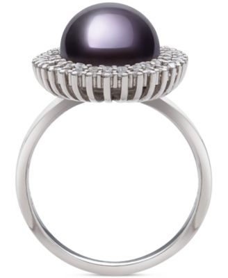 Peacock Black Cultured Freshwater Pearl (10mm) & Cubic Zirconia Halo Ring in Sterling Silver (Also in White Cultured Freshwater Pearl)