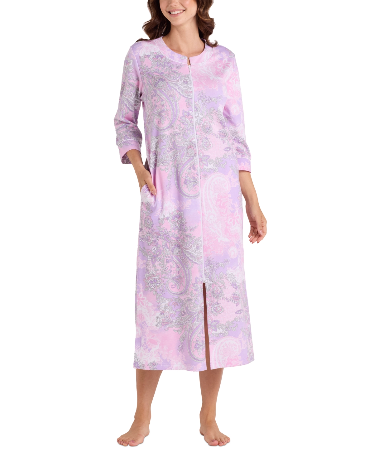 Women's Printed 3/4-Sleeve Long Robe - Lrg Pnk/lilac Pais