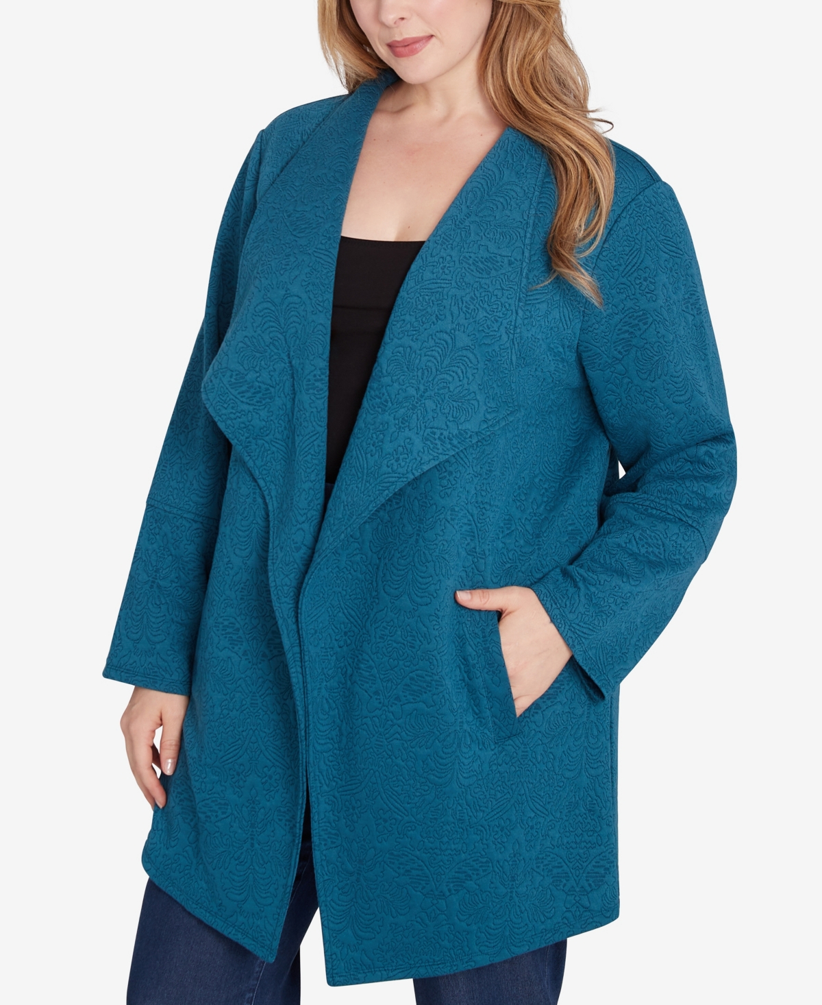 Ruby Rd. Plus Size Winter Scroll Quilted Knit Jacket In Adriatic