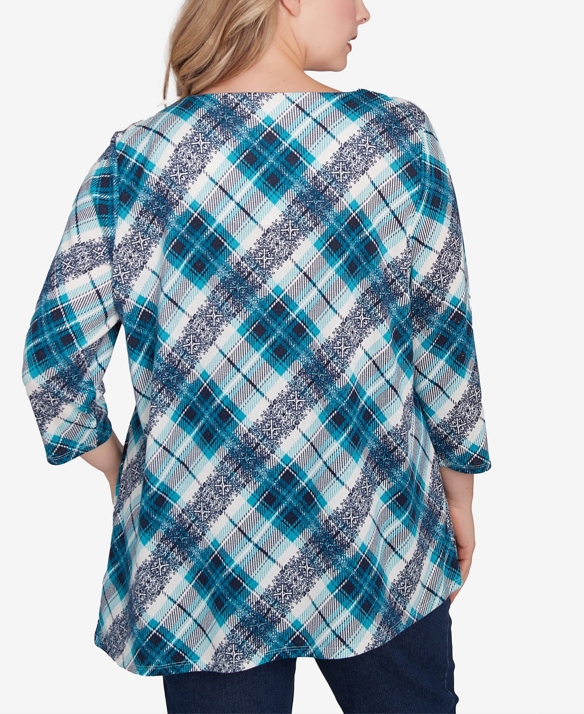 Ruby Rd. Plus Size Ring Neck Plaid Hatchi Knit Top In Navy Multi