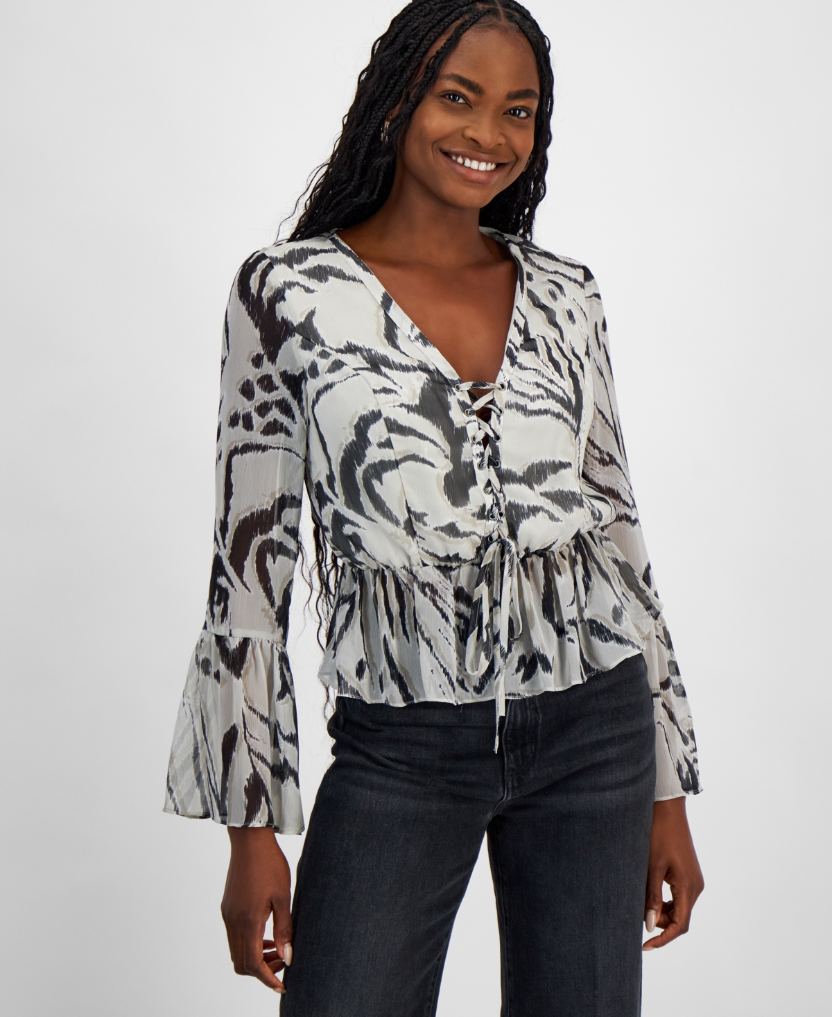 Women's Demi Printed Lace-Up Peplum Top - Zebra Skin Print