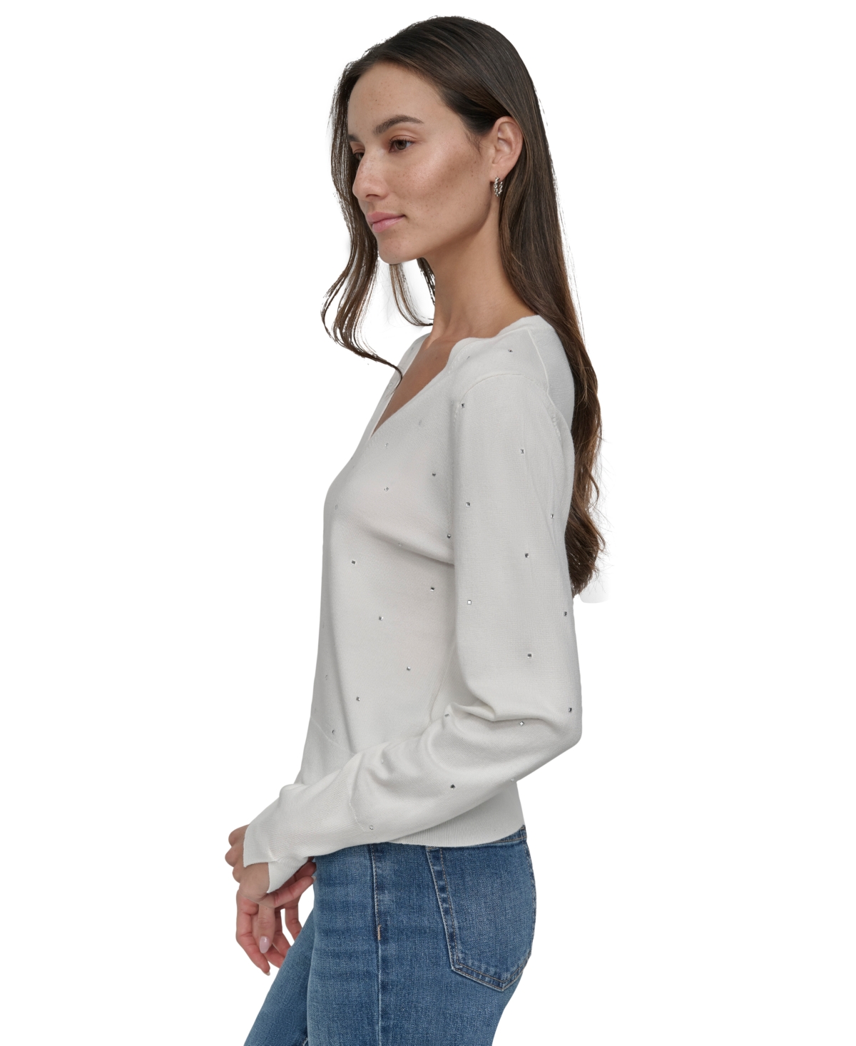 DKNY JEANS WOMEN'S STUDDED V-NECK SWEATER 