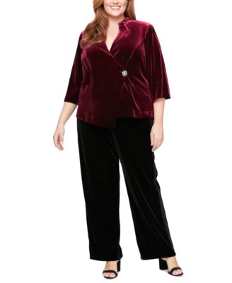 Plus Size Velvet Beaded Button 3 4 Sleeve Top Straight Leg Pants