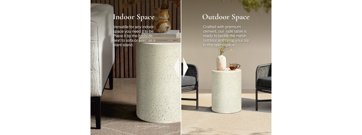 LuxenHomewith Speckled Gray Cement Round Indoor Outdoor Side and End Table - Off white, gray