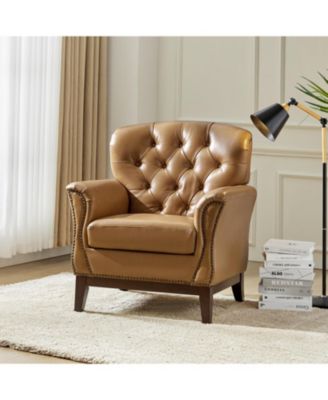 Eugene Traditional Genuine Leather Chair with Tufted Wing Back and Solid Wood