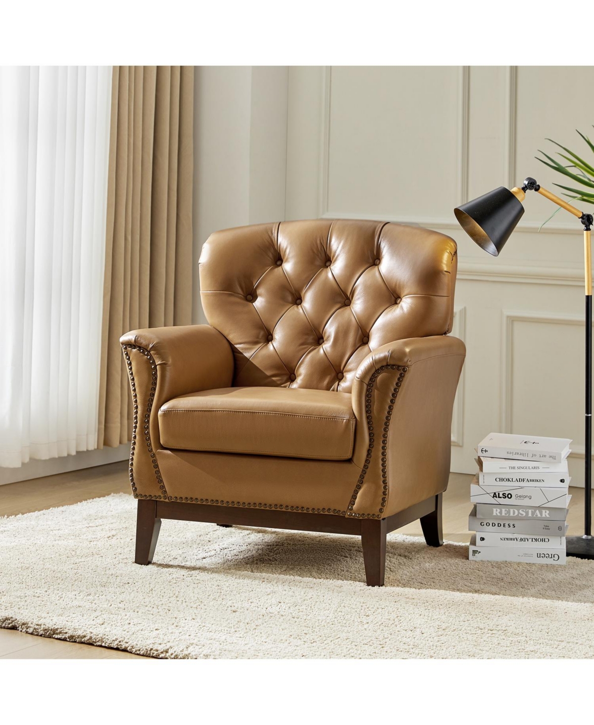 Hulala Home Eugene Traditional Genuine Leather Chair with Tufted Wing Back and Solid Wood