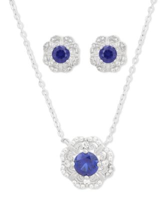 Macy's - 2-Pc. Set Lab Created Blue Sapphire (1-5/8 ct. t.w.) & Lab Created White Sapphire (1-5/8 ct. t.w.) Flower Halo Pendant Necklace & Matching Stud Earrings in Sterling Silver