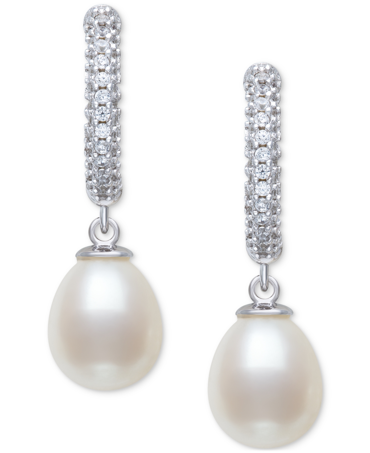 Belle De Mer Cultured Freshwater Pearl (7-8mm) Charm Lab-created Sapphire (1/6 Ct. T.w.) Hoop Earrings In Sterlin In White