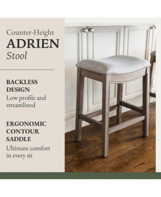 Adrien Saddle Counter Stool in Reclaimed Oak Finish w/ Ash Grey Fabric Upholstery