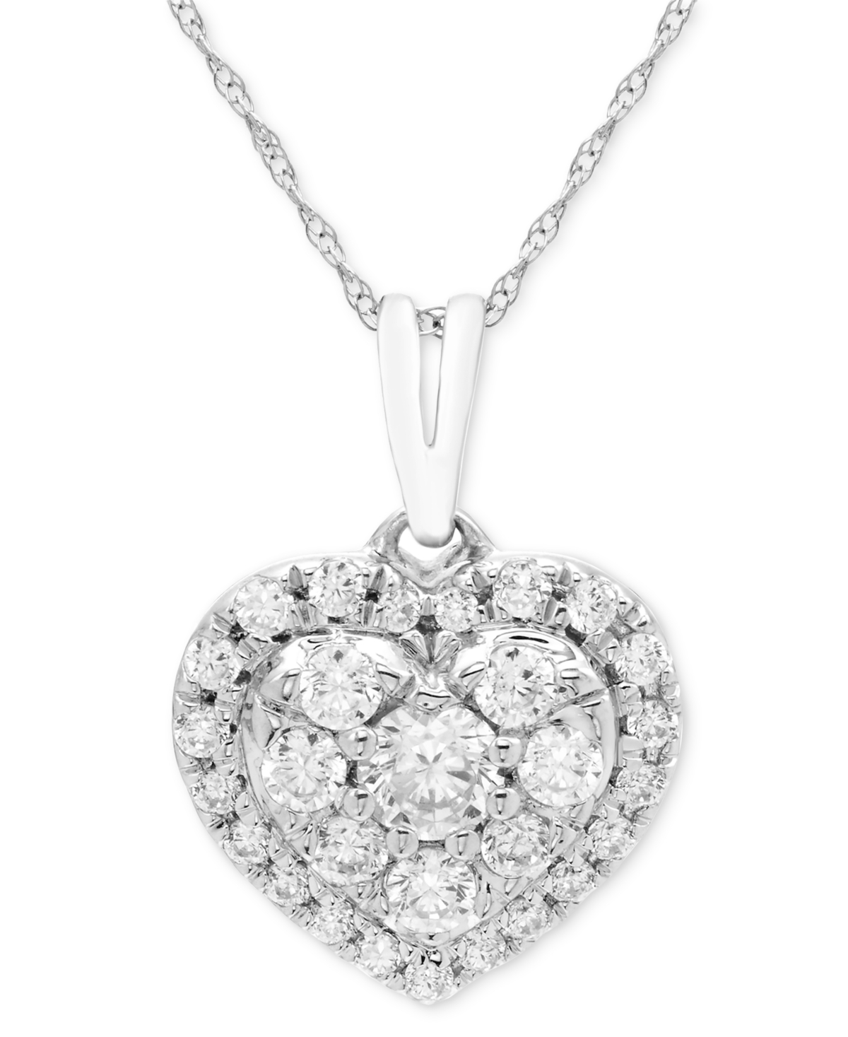 MACY'S DIAMOND HEART CLUSTER 18" PENDANT NECKLACE (1/2 CT. T.W.) IN 10K WHITE GOLD 