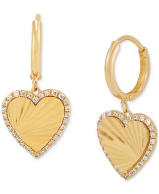 Diamond Heart Sunray Halo Dangle Hoop Earrings (1/4 ct. t.w.) in 14k Gold-Plated Sterling Silver