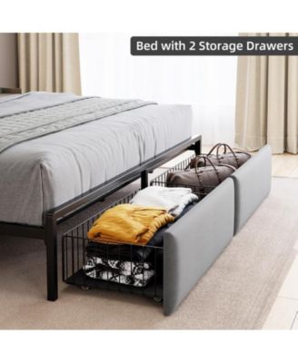 King Size Led Bed Frame with Headboard and 2 Storage Drawers, Upholstered Platform Bed with Charging Station, No Box Spring Needed