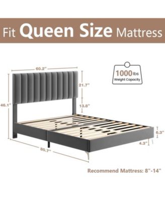 Bed Frame Modern Velvet Upholstered 11 Inch Bed Frame with Headboard No Box Spring Needed, Gray