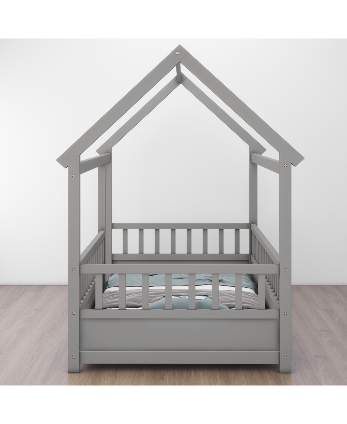 Slickblue Twin Size Floor Wooden Bed with House Roof Frame, Fence Guardrails