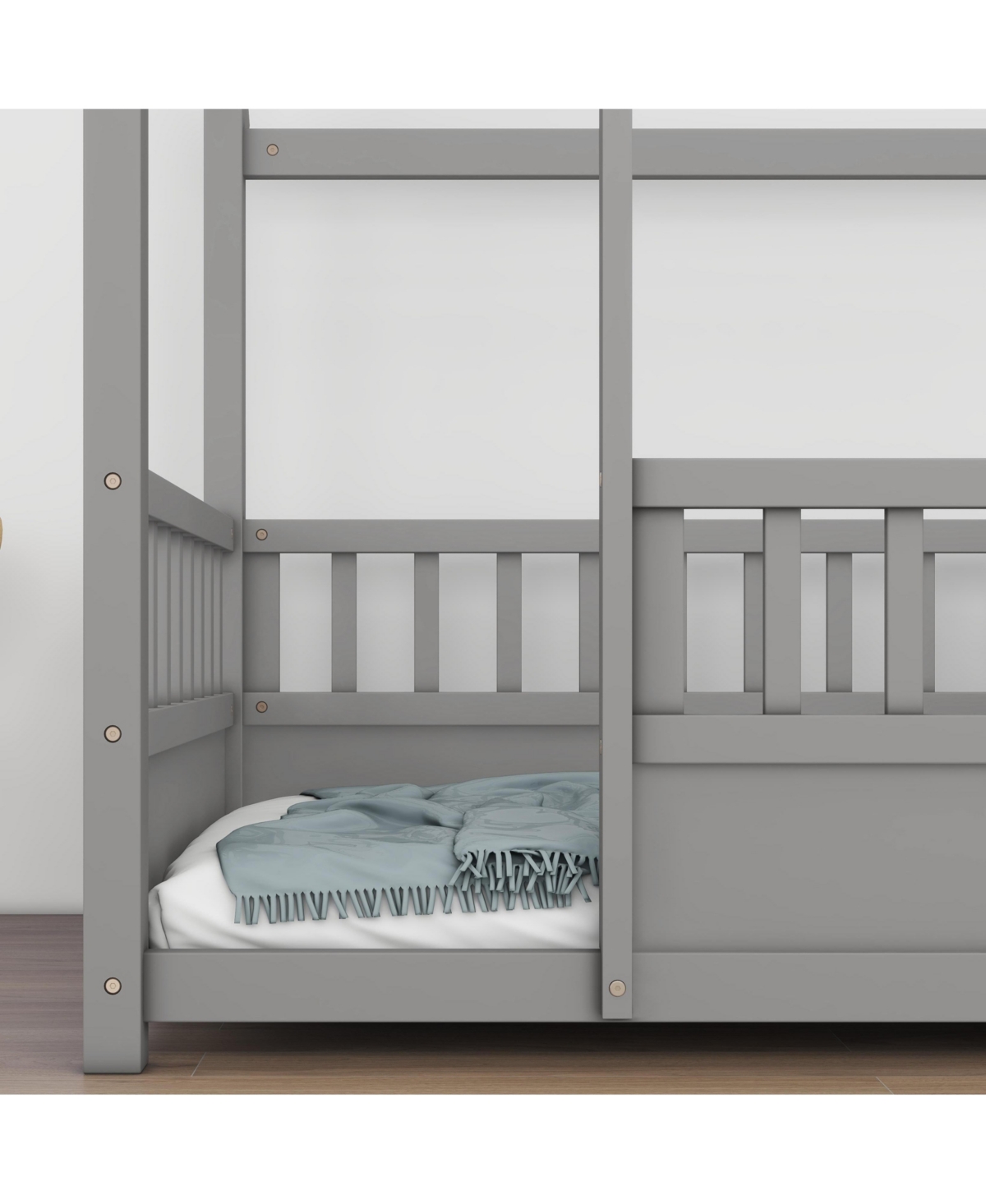 Slickblue Twin Size Floor Wooden Bed with House Roof Frame, Fence Guardrails