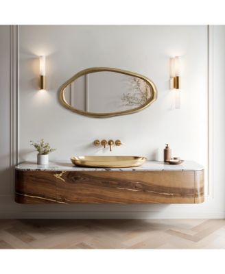 Elegant Wall Mirror with Curved Frame, Aged Gold Finish, Modern Accent Decor, 29.5"x15.25"