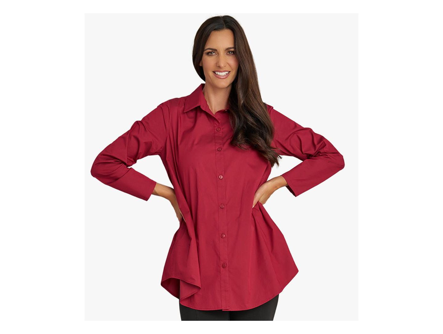 Женская рубашка Stella Carakasi Cotton Poplin Button-Front A-Line Shirt Top Prime Time Tunic, цвет: Свекольный — фото 4