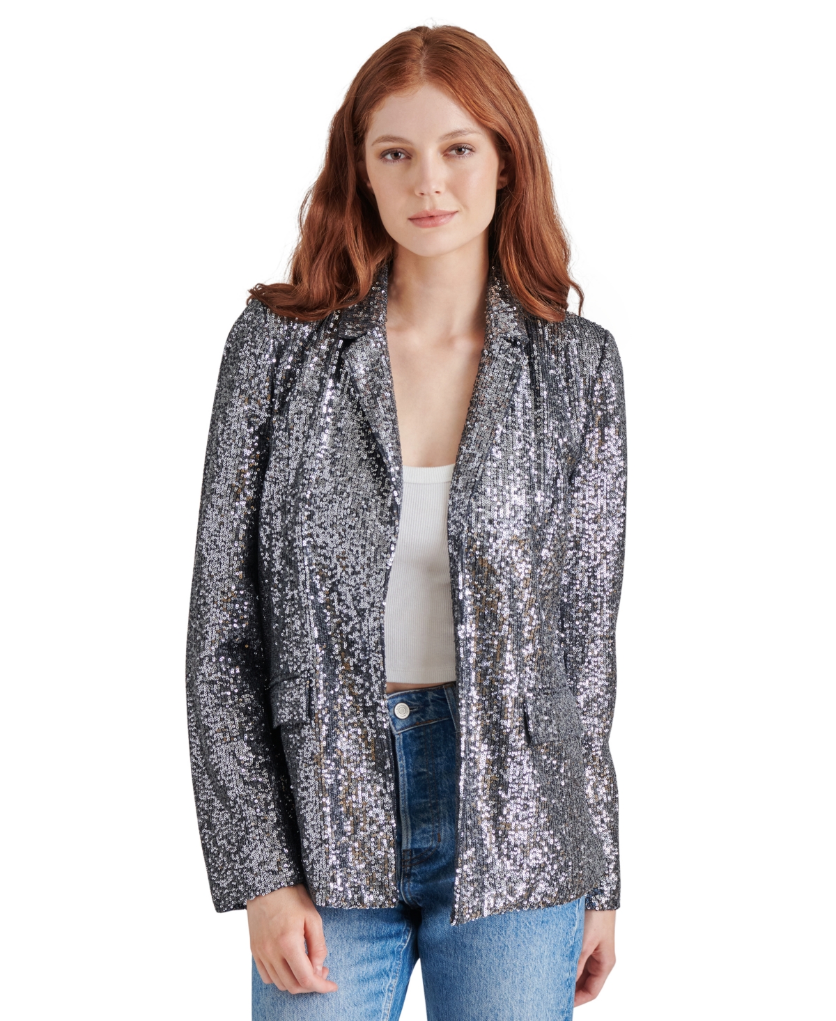 Steve Madden Payton Sequin Open Front Blazer In Silver Grey