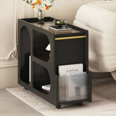 Lockable Mobile End Table with Fluted Tempered Glass