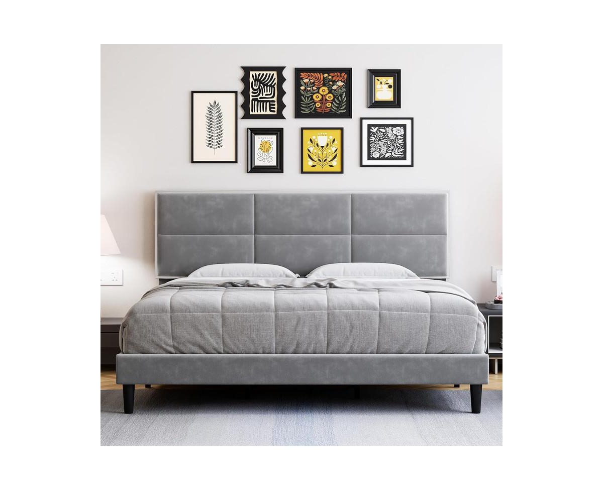gaomon Size Bed Frame, Velvet Upholstered Platform Bed Frame with Headboard, Wooden Slats Support, No Box Spring Needed, Easy Assembly, Gray - Gr