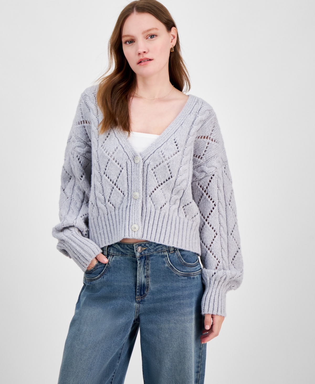 Juniors' Pointelle Cable-Knit Cardigan - Silver Belle