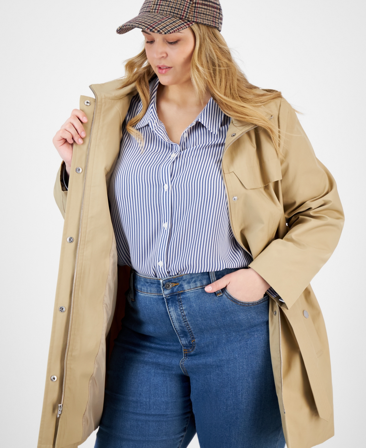 LONDON FOG PLUS SIZE ZIP-FRONT HOODED BELTED TRENCH COAT 
