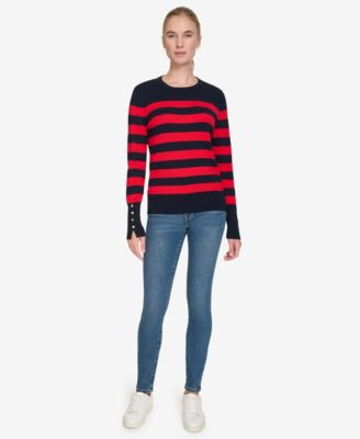 Women's Crewneck Stripe Sweater with Button Sleeve