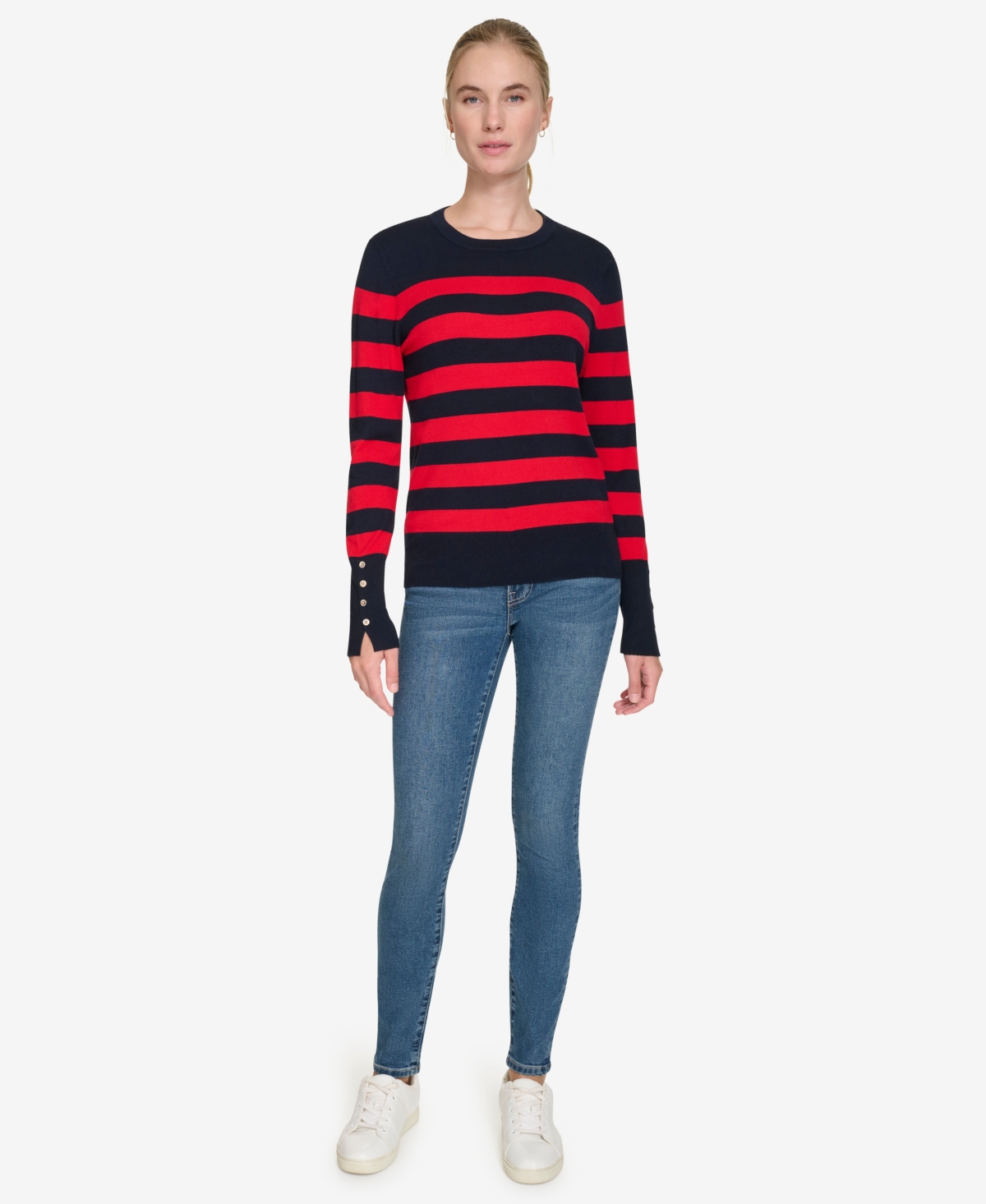 Nautica Jeans Women's Crewneck Stripe Sweater With Button Sleeve In Nigh Sky,regatta Red