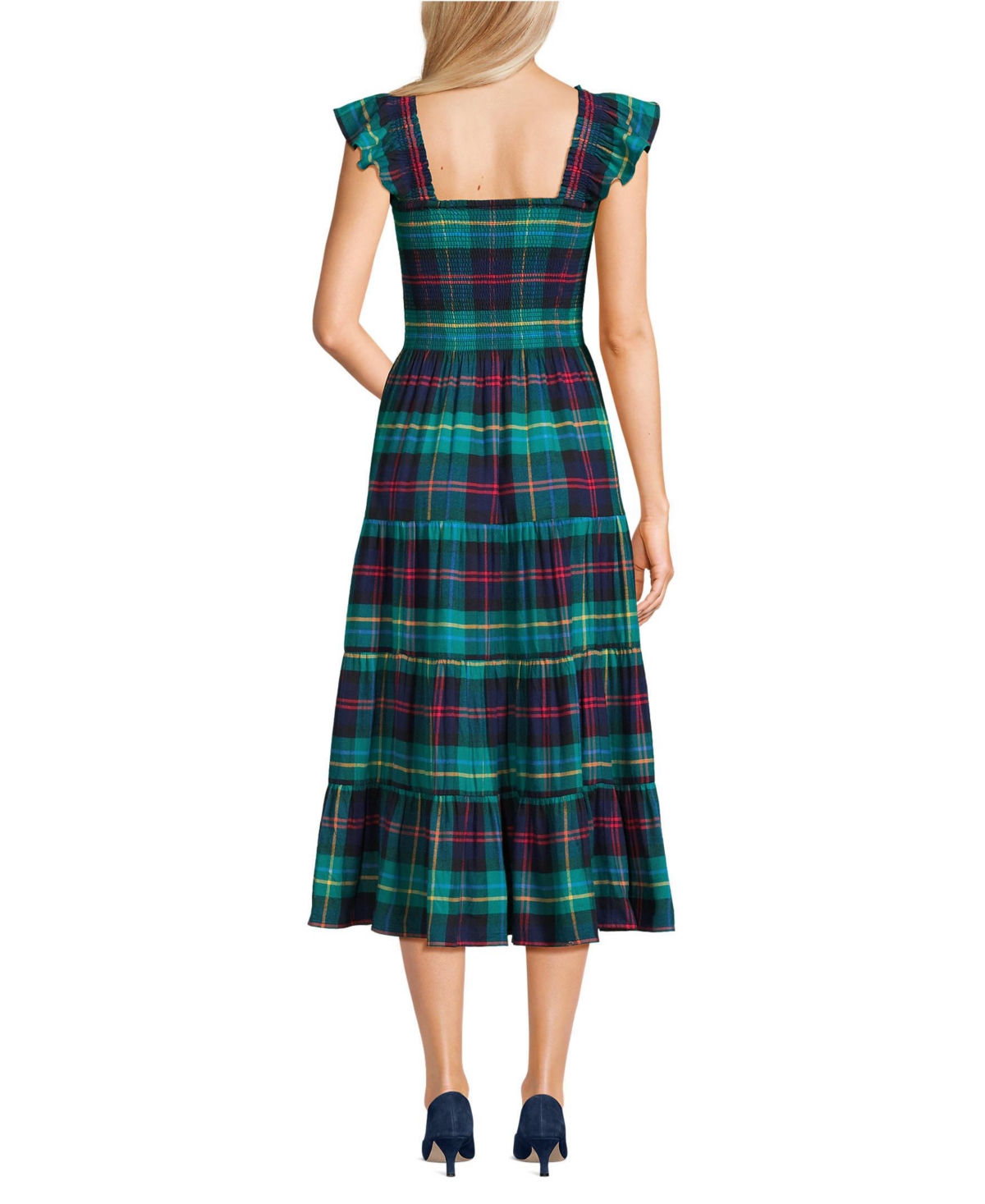 Lands' End Women's Drapey Flannel Smocked Midi Dress with Ruffle Strap -navy/red plaid