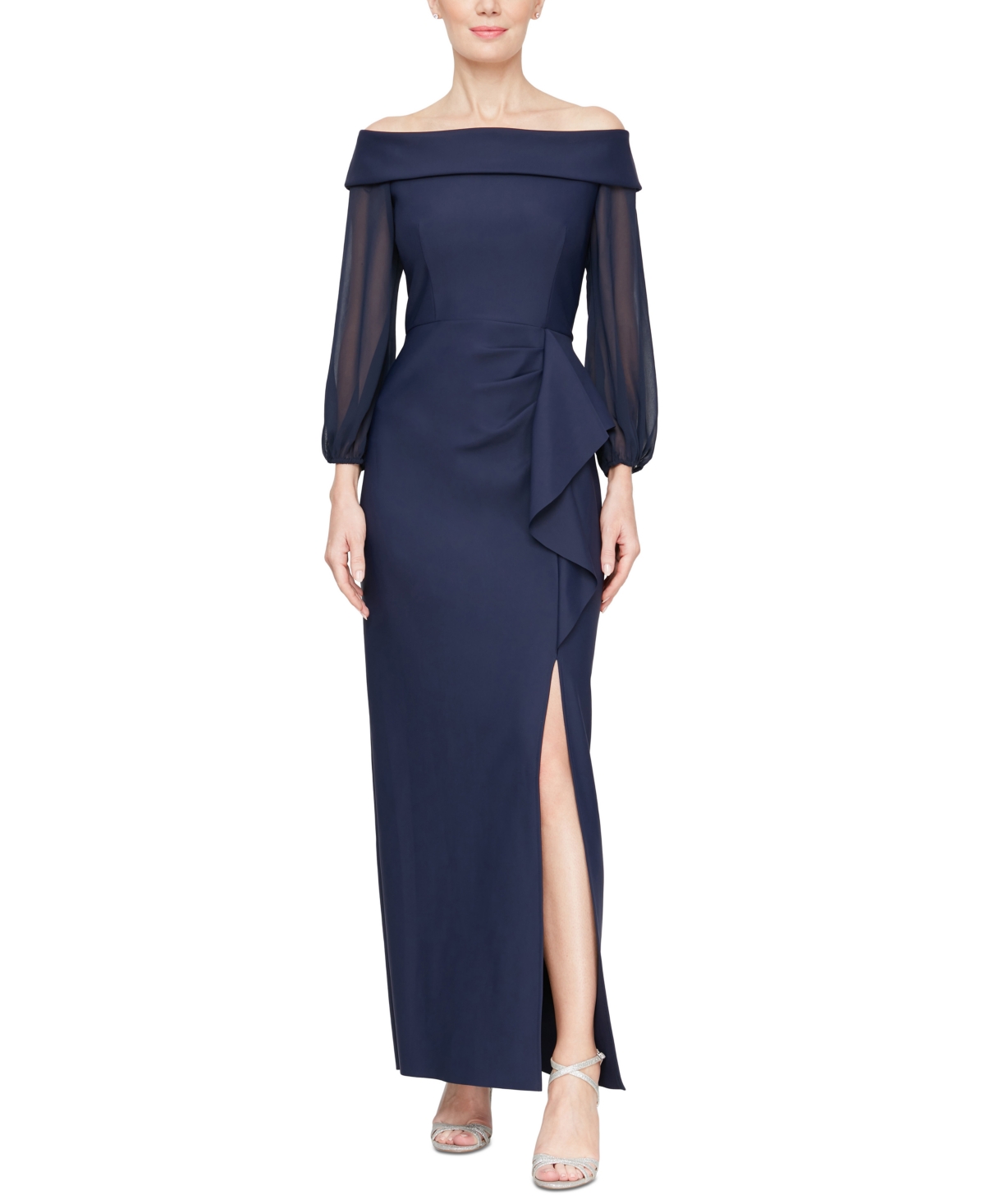 Alex Evenings Petite Off-the-shoulder Ruffle Gown In Navy