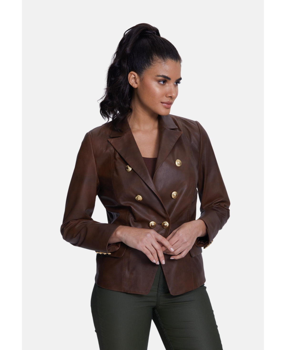 Furniq Uk Women's Genuine Leather Blazer Jacket,- Whiskey