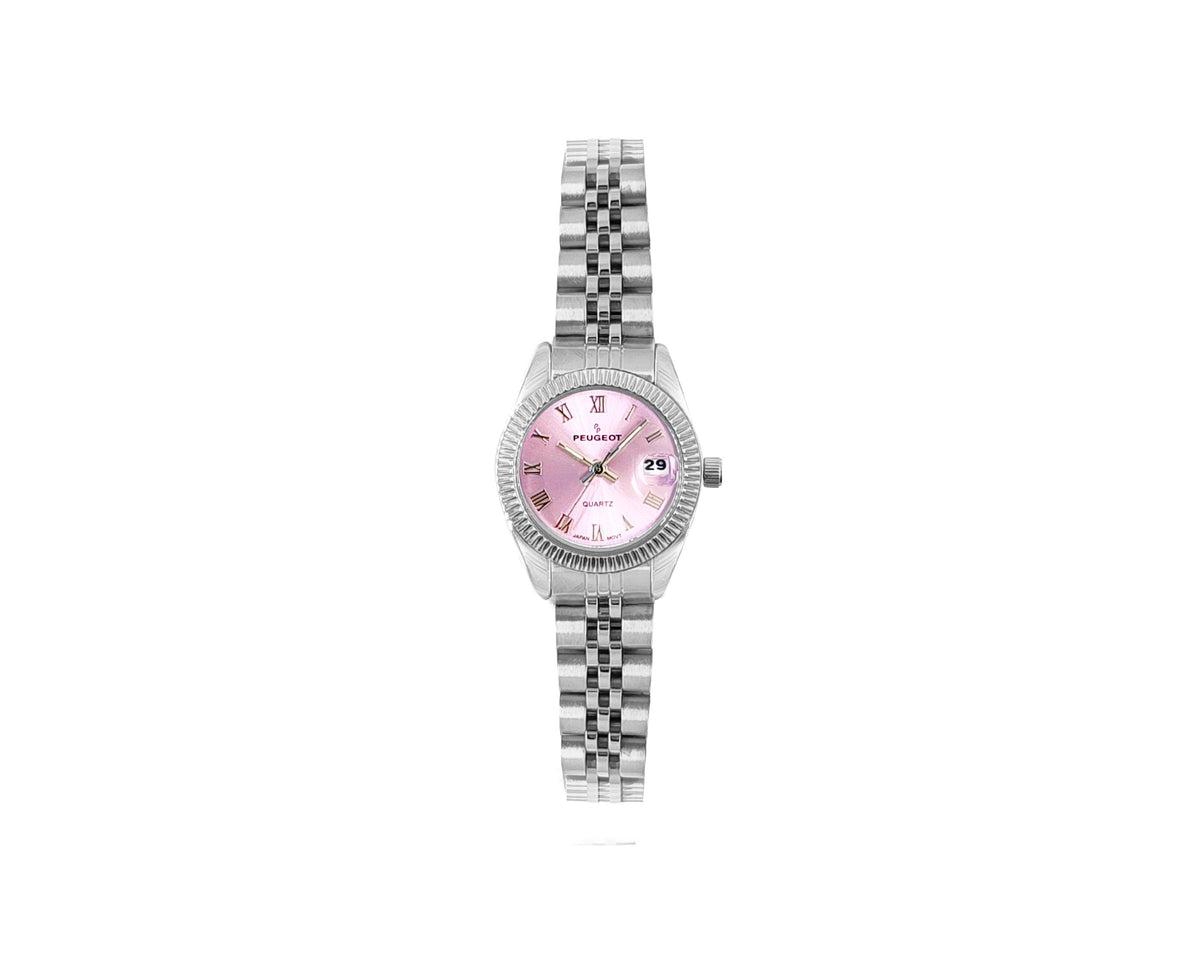Peugeot Women's Silver-Tone 25mm Fluted Bezel Steel Bracelet Watch - Pink