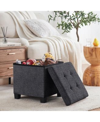 Foldable Tufted 15 Inch Square Linen Storage Ottoman with Legs