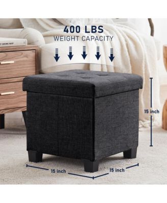Foldable Tufted 15 Inch Square Linen Storage Ottoman with Legs